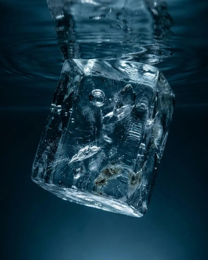 Close-up abstract macro photography of clear ice submerged in deep blue water with ripples.