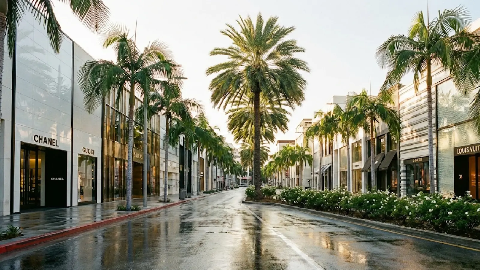 Morning view of luxury storefronts and palm trees on Rodeo Drive in Beverly Hills.