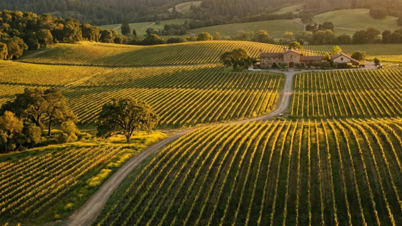 Peaceful golden hour landscape of vineyards and a winery estate in Napa Valley.