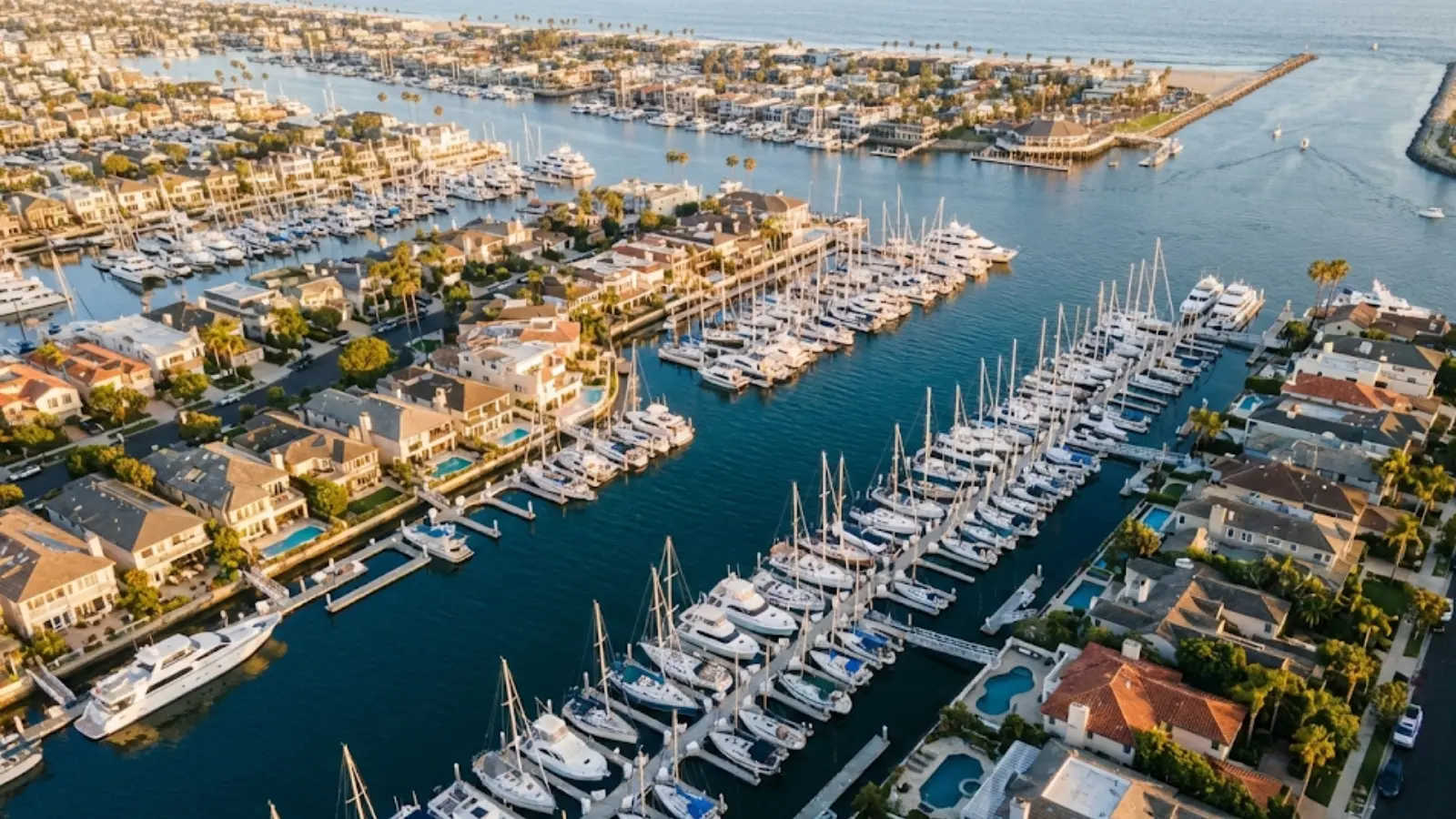 Sunset lighting over luxury yachts and waterfront homes in Newport Beach harbor.