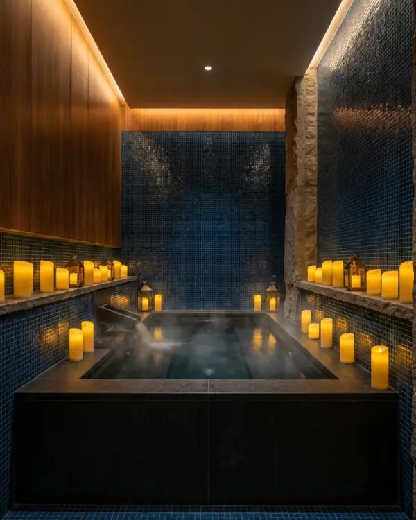 Dimly lit ultra-luxury wellness spa with a stone cold plunge tub and warm candlelight.