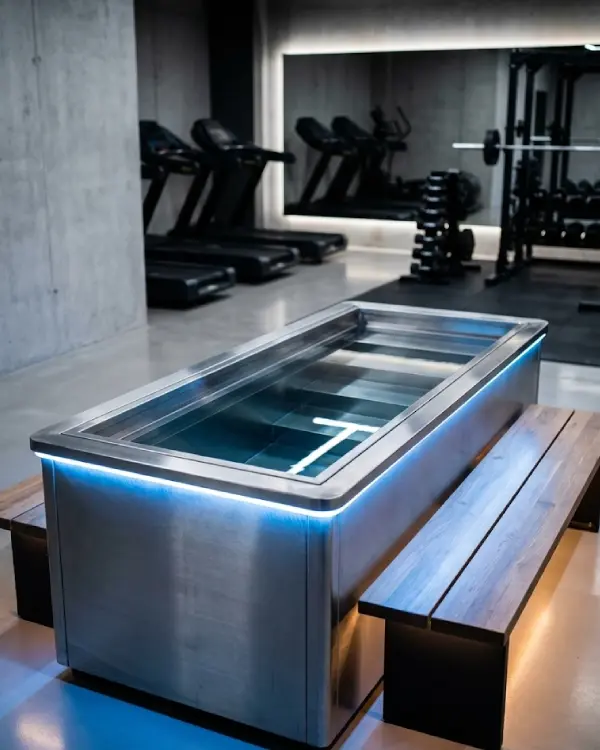 Sleek stainless steel cold plunge tank in a modern athletic recovery center with blue lighting.