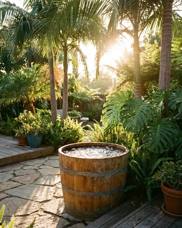 Wooden cedar ice bath barrel located in a lush tropical garden under golden hour sunlight.