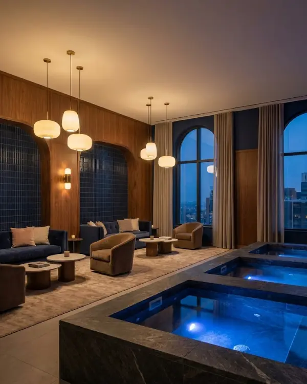 Interior of a trendy social wellness club with multiple cold plunge pools and a lounge area.